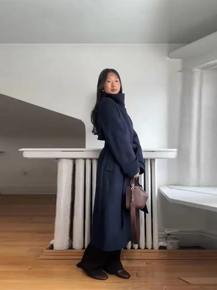 Claudine Long Belted High Collar Coat - Image 7