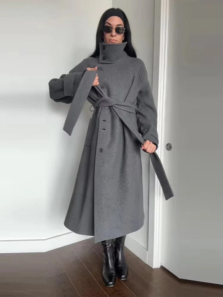 Claudine Long Belted High Collar Coat - Image 9